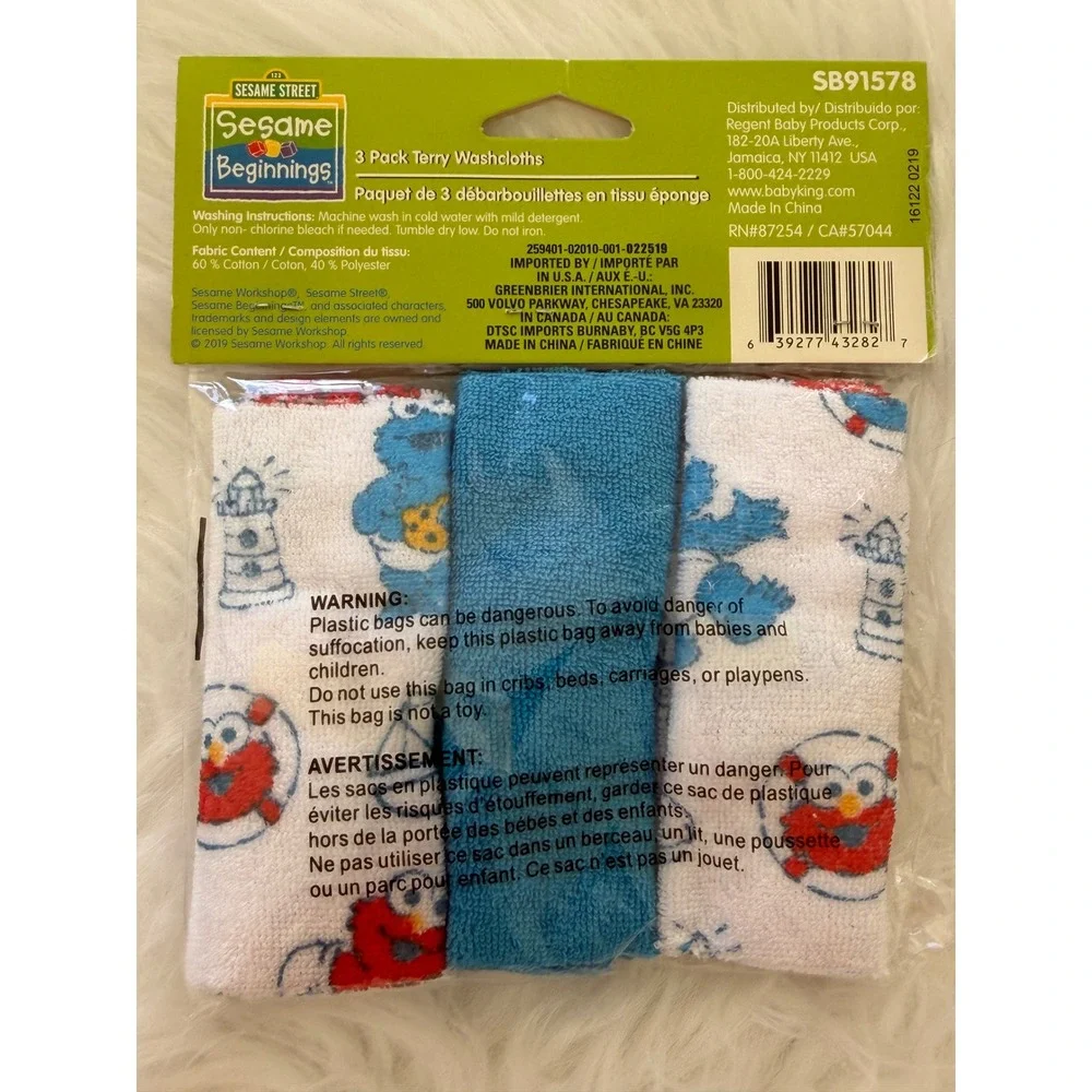 Sesame Street Sesame Beginnings Terry Washcloths 3 Pack Cookie Monster Elmo Blue